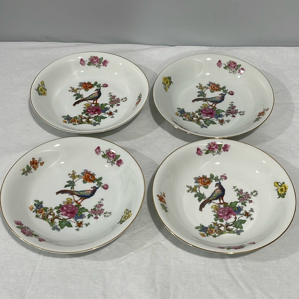 Vintage Epiag Czechoslovakia 8” Soup Plates Royal Peacock Flowers set of 4